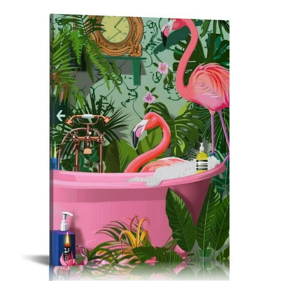 Acheng Flamingo in Bathtub Canvas Poster Painting Bathroom Wall Art, Tropical Pink Flamingo Picture Artwork Framed Print Ready to Hang for Restroom Toilet Wall Decor 12x16 in