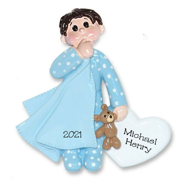 Little Boy Toddler with Blanket RESIN Personalized Christmas Ornament - Brunette