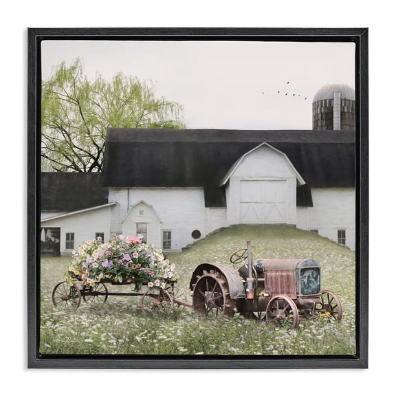 Stupell Industries Floral Tractor in Farmhouse Field Landscape Photography Black Floater Framed Canvas Art Print Wall Art, 18 x 18