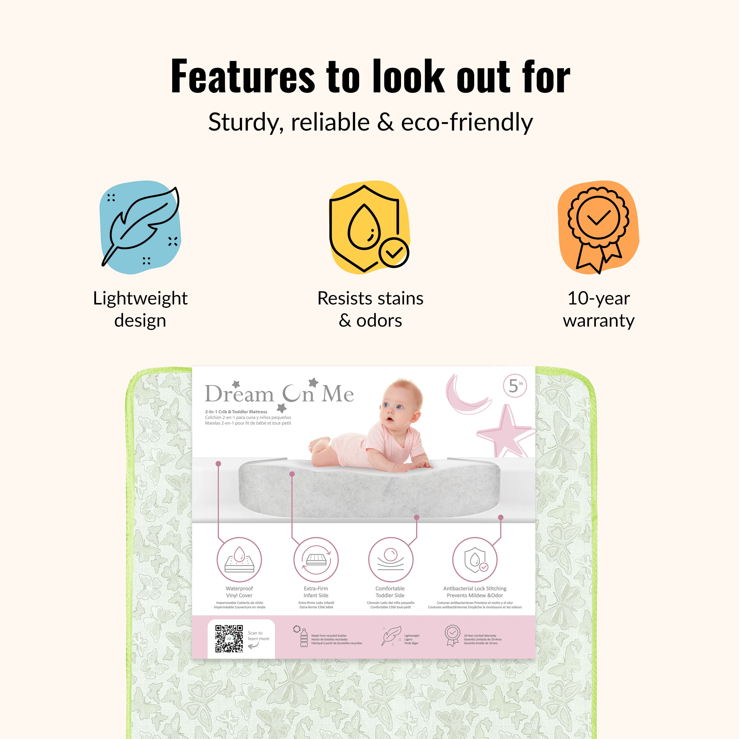 Dream On Me Butterfly Meadow Firm Fiber Crib & Toddler Mattress | Waterproof Vinyl Cover | Greenguard Gold & JPMA Certified | Lightweight | Green Butterfly Meadow