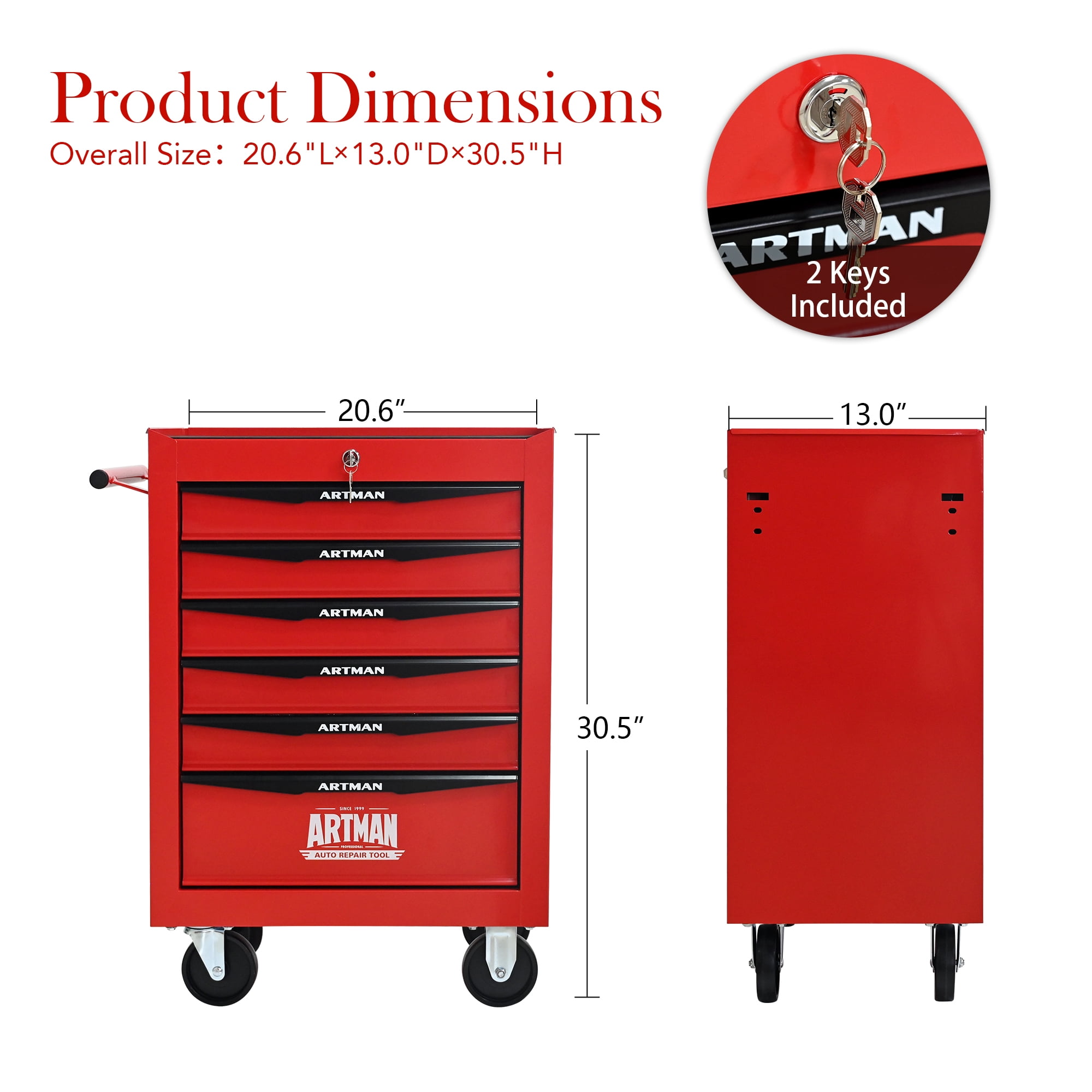 E-Western Rolling Metal Tool Chest with 6 Drawers 20 Inch Steel Storage Cabinet on Wheels Red Black 4 Casters Lockable Durable Heavy Duty