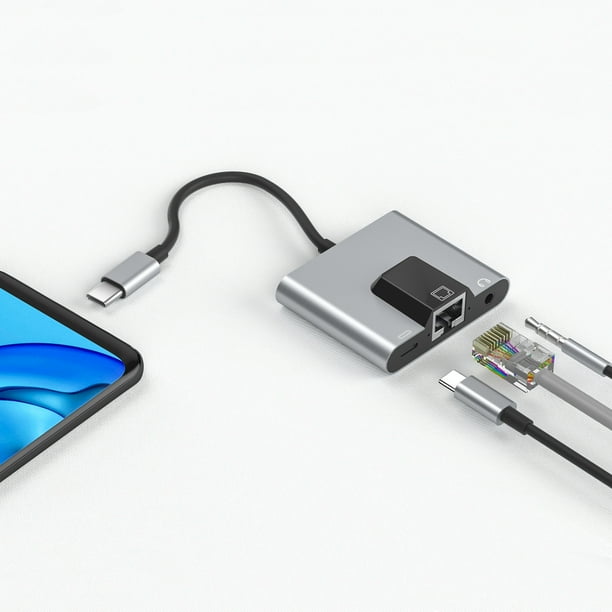 Convertidor de tarjeta de red tipo C a RJ45, velocidad de red de 100 megabytes, carga, auriculares de 3,5 mm, compatible con llamadas de voz