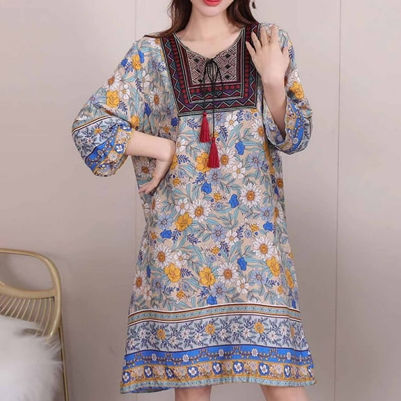 Taylonsss Womens Summer Dress Ethnic Round Neck Short/Three-Quarter Sleeve Cotton Poplin Print Boho Casual Maxi Dress
