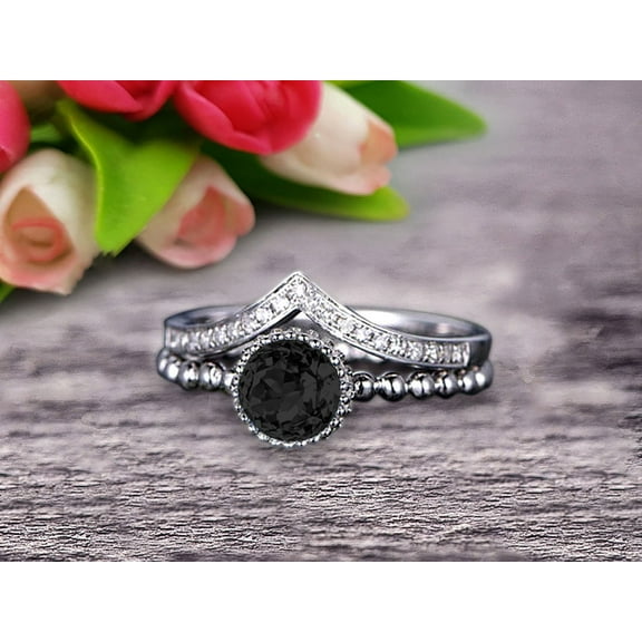 2 Carat Round Cut Black Diamond Moissanite Engagement Ring with V-Shaped Wedding Band 10k White Gold Art Deco Bridal Set Anniversary Gift