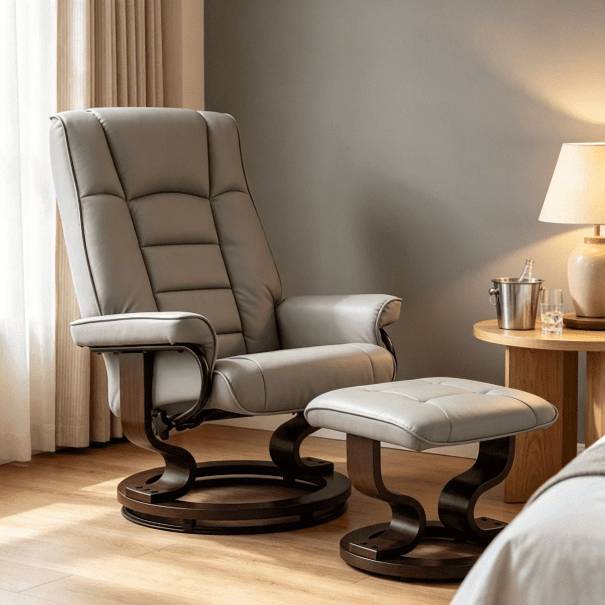 Faux Leather Reclining Chair, Tufted Back & Wood Frame, Manual Recliner, Gray