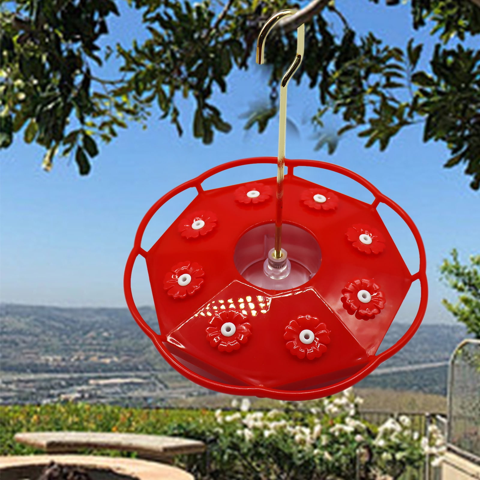 Hummingbird Feeders for Outdoors Automatic Hummingbird Feeder with Wind Chimes and Red Flowers, 20.5 in x 20.5 in x 24 cm
