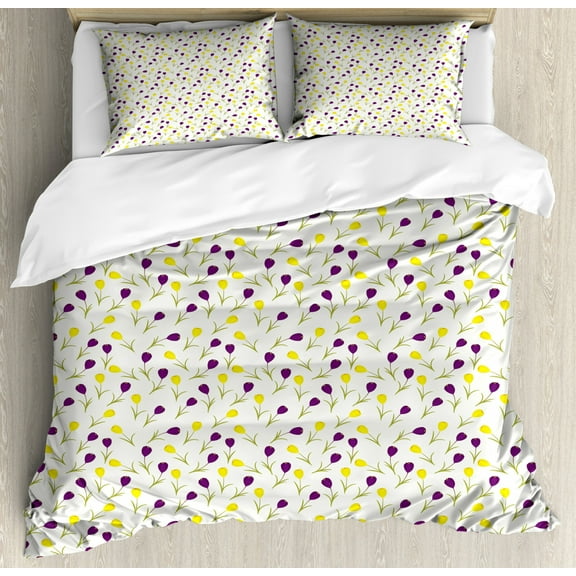 Spring Duvet Cover Set King Size, Retro Style Seasonal Design with Contrast Color Little Blossoms, Decorative 3 Piece Bedding Set with 2 Pillow Shams, Purple Yellow and Apple Green, by Ambesonne