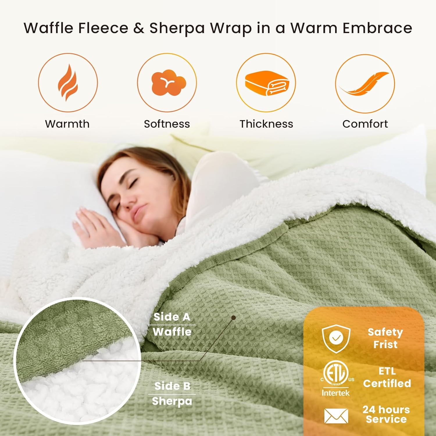 BAO Heated Blanket Electric Blanket King Waffle, 90x100 Inches Dual Controllers Sherpa Fleece Fast Heating Blanket 6 Heating Levels & 10 Hours Auto Off ETL Certification, Sage King