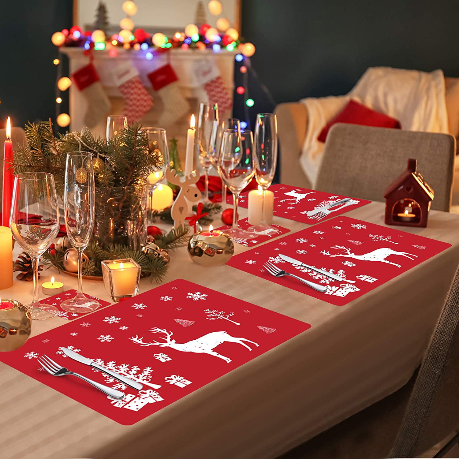 6 Pieces Placemats + 1 Table Runner + 6 Coasters Table Runner with Mats and Coaster Set for Dinner Table 6 Seater Dark Grey