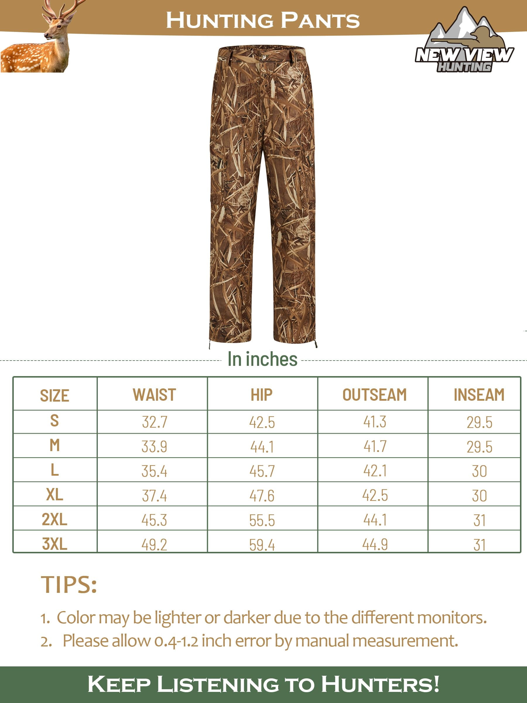 NEW VIEW Silent Camo Hunting Pants for Men Cold Weather, Fleece Lined Insulated Pants, Water-Resistant, Elastic Waist (Reeds Camo, L)
