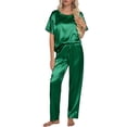 thumbnail image 3 of DAKIMOE Womens Silk Satin Pajama Set Short Sleeve Shirt with Long Pajamas Pant Set Two-piece Pj Sets Soft Sleepwear Loungewear Nightwear Pjs S-XL, Dark Green, S, 3 of 11