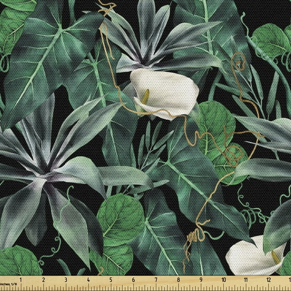 Ambesonne Jungle Scene Fabric by the Yard Upholstery, Floral Tropical Leaves, 1 Yard, Fern Green Jade Green