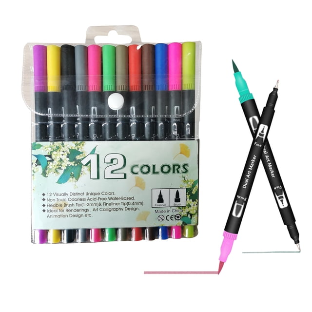 12 Couleurs Ensemble de Marqueurs à Double Pointe pour Pinceau et Pointe Fine