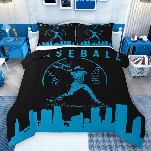 Homewish Teens Baseball Print Bedding Comforter Set, Black Blue Abstract Twin Comforter Sets, Cartoon Sports Theme Reversible Bedding Set, Ultra Soft Bedroom Decor, 2 Pieces