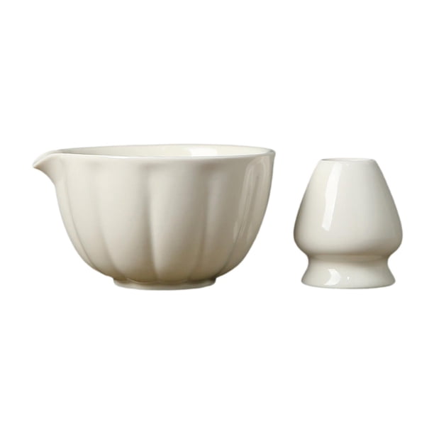 Cuenco de cerámica para matcha, recipiente de porcelana con pico vertedor, matcha hecho a mano blanco con soporte