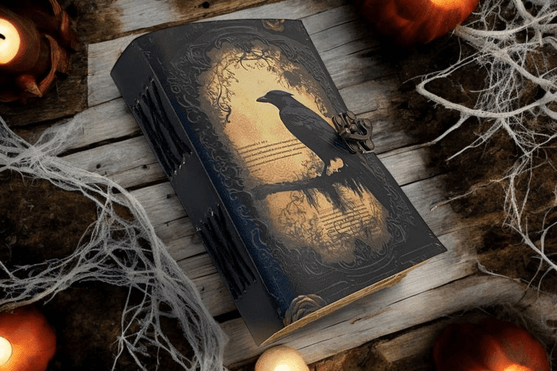 Blank Spell Book of Shadows with 200 Handmade Deckle Edge Paper Vintage Leather journal The Raven Grimoire Print gifts for him her