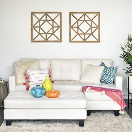 German Sectional Best Choice Products Tufted Faux Leather 3-Seat L-Shape Sectional Sofa Couch Set with Chaise Lounge, Ottoman Coffee Table Bench, White ()