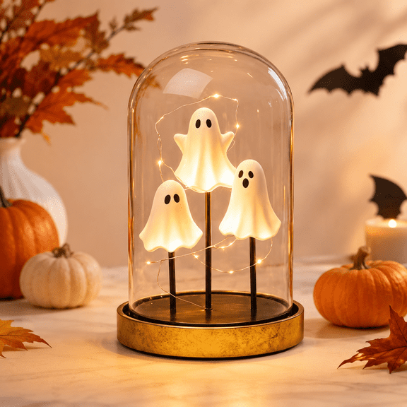 Ghost Night Light With 3 Lighted Ghost Figurines Under Glass Dome Warm Led Table Lamp Decor For Bedroom Nightstand Shelf Halloween Home White