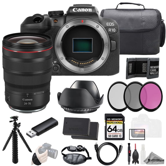 Canon EOS R10 Camera   RF 24-70mm f/2.8L IS USM Lens  64GB   Ext Bat  3 PC Filter- Kit (International Version)
