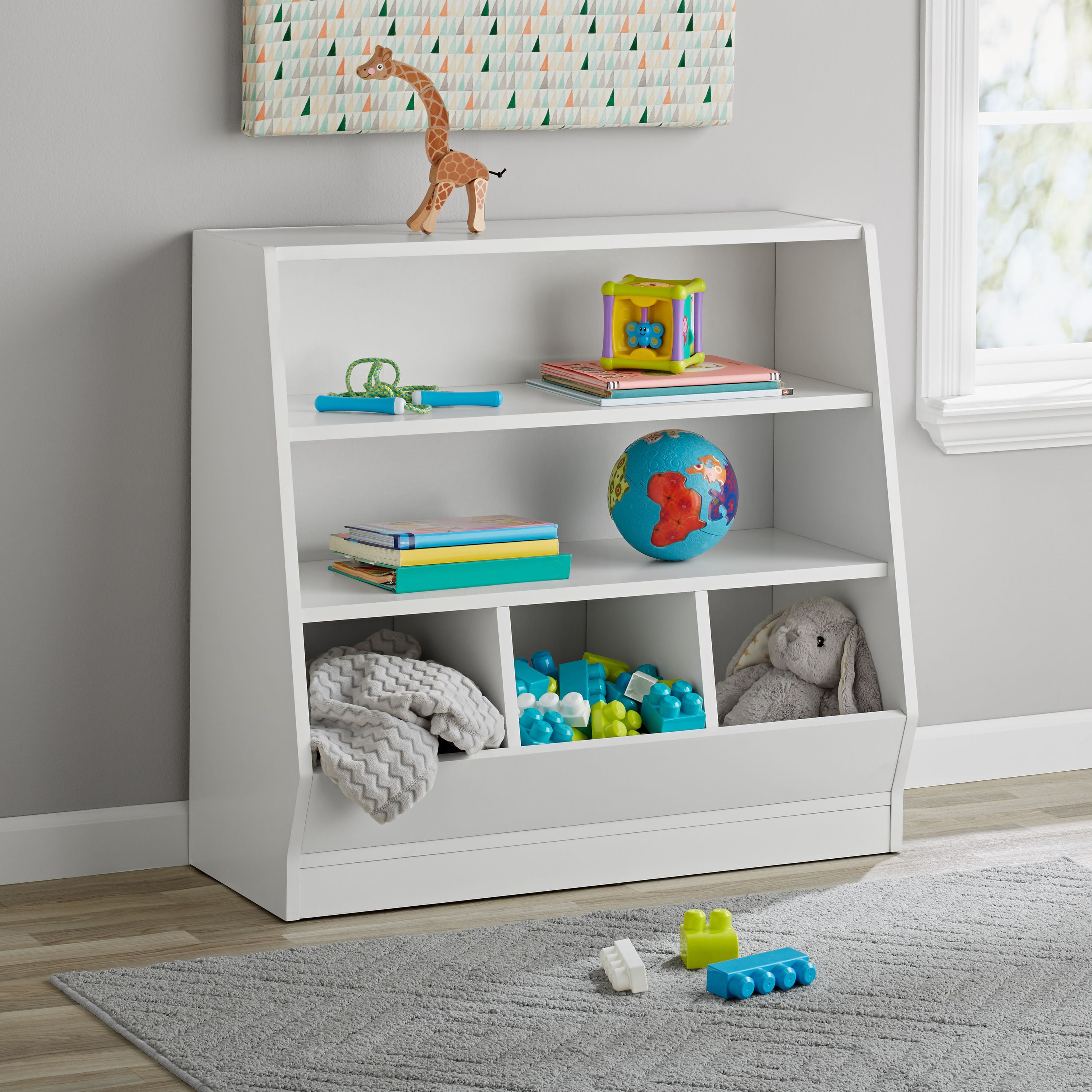 kids storage shelf with bins