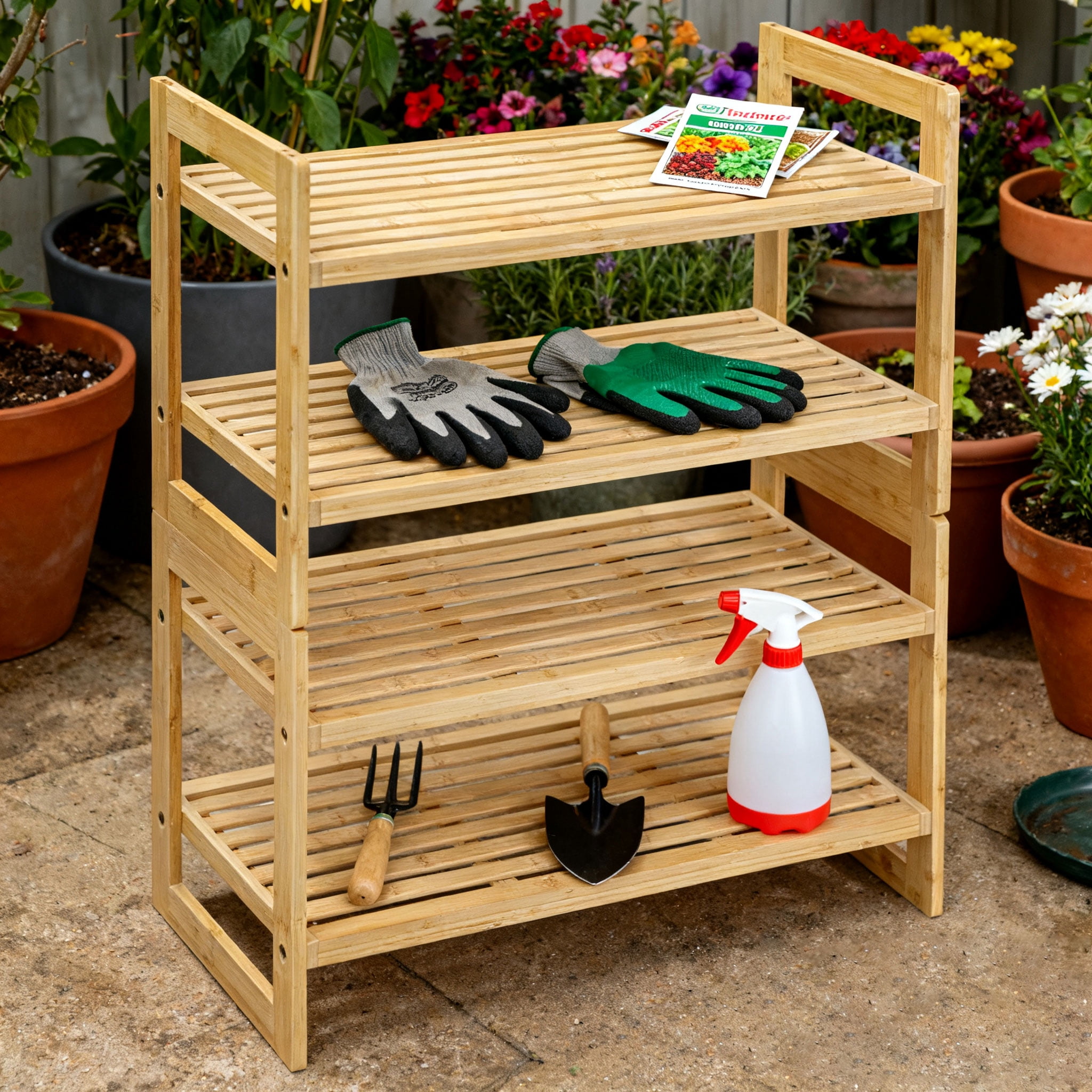 Bamboo Shoe Rack Kit, 4-Tier Bamboo Shoe Storage Organizer, Holds Up to 300 lb, for Entryway Bathroom Bedroom, Free Standing Shoe Racks for Indoor Outdoor, Stackable | Foldable | Natural