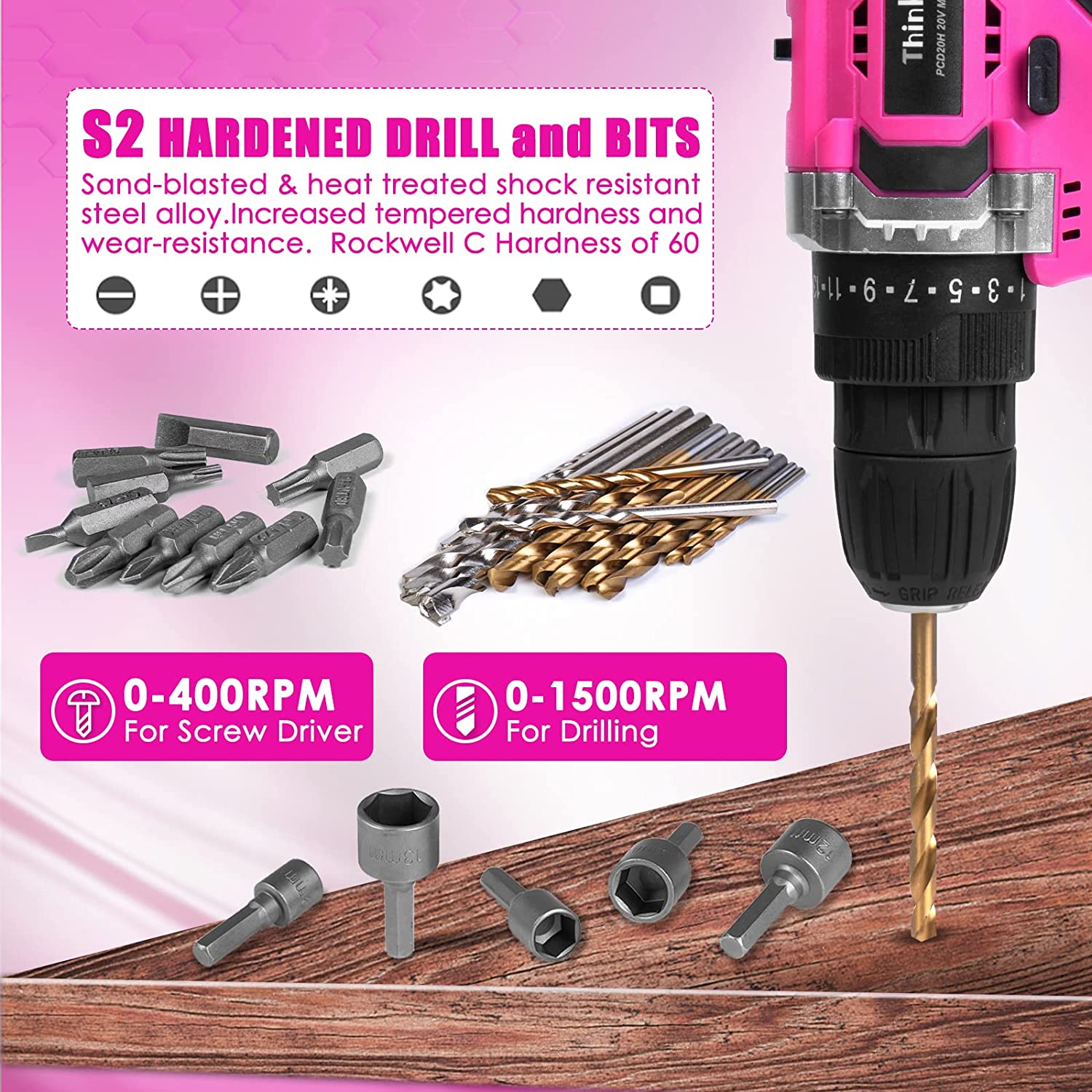 ThinkLearn 20V Pink Cordless Drill Tool Kit, 175-Piece Set photo 2