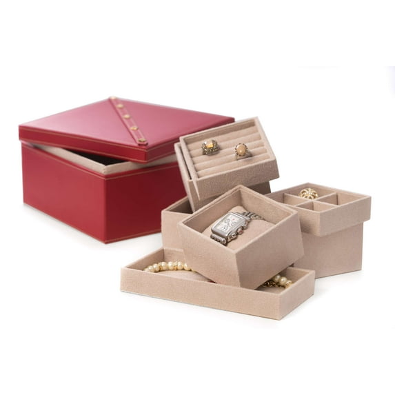 Studded Red Leather Two Level Jewelry Box with Removable Individual Trays.