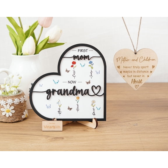 Personalized First Mom Now Grandma Birth Flower Sign, Custom Wooden Heart Frame with Kids’ Names, Mother’s Day Gift for Mom & Grandma