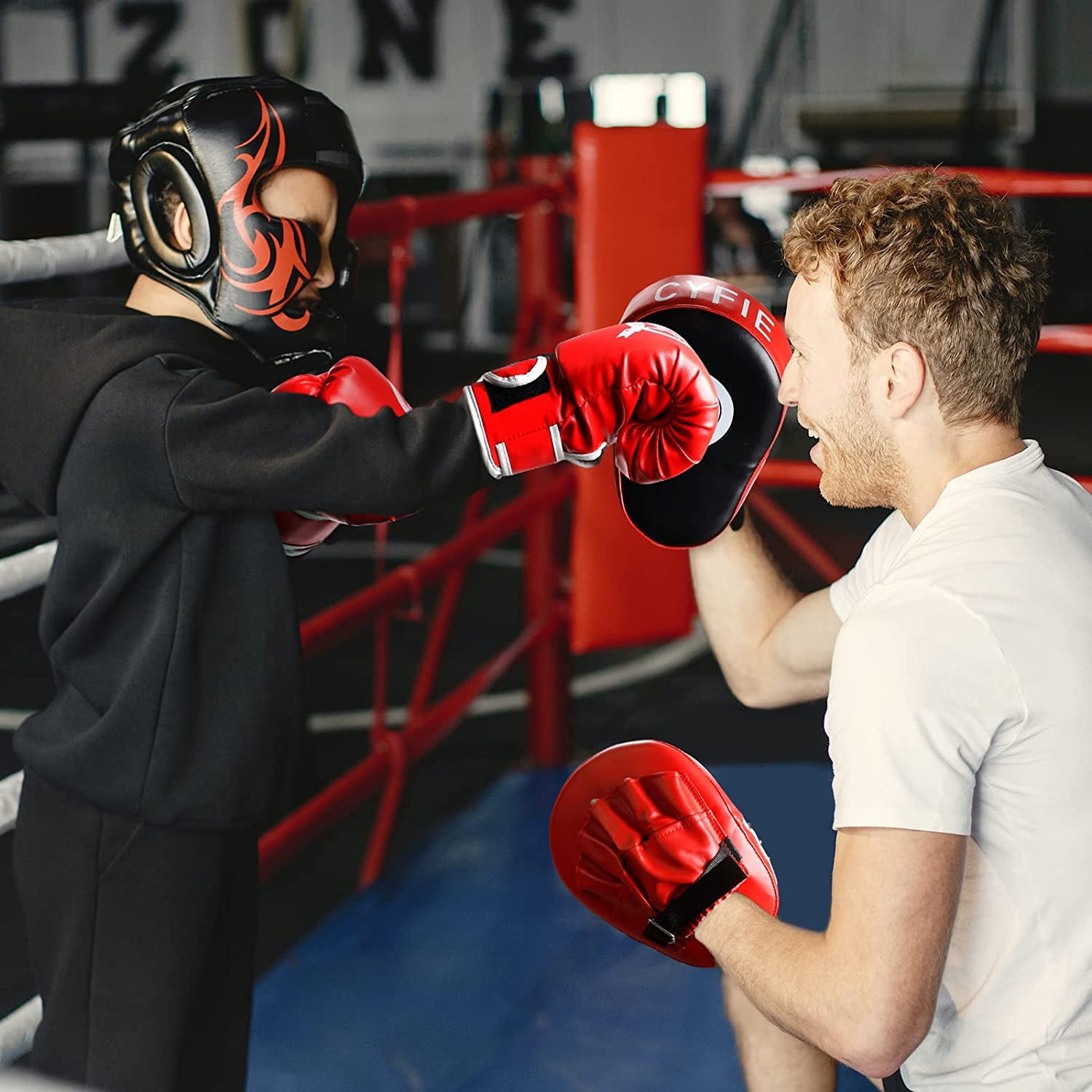 CYFIE 3-in-1 Boxing Stuff with Boxing Gloves & Taekwondo Kick Pad, Punching Mitts for Adult Youth, MMA Karate Muay Thai Training,Red