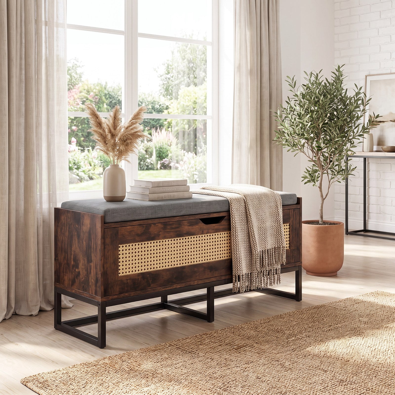 Furnibear 39.5 Inch Rattan Wicker Storage Chest Shoe Bench with Padded Seat and Flip Top Lid for Entryway Shoe Storage, White