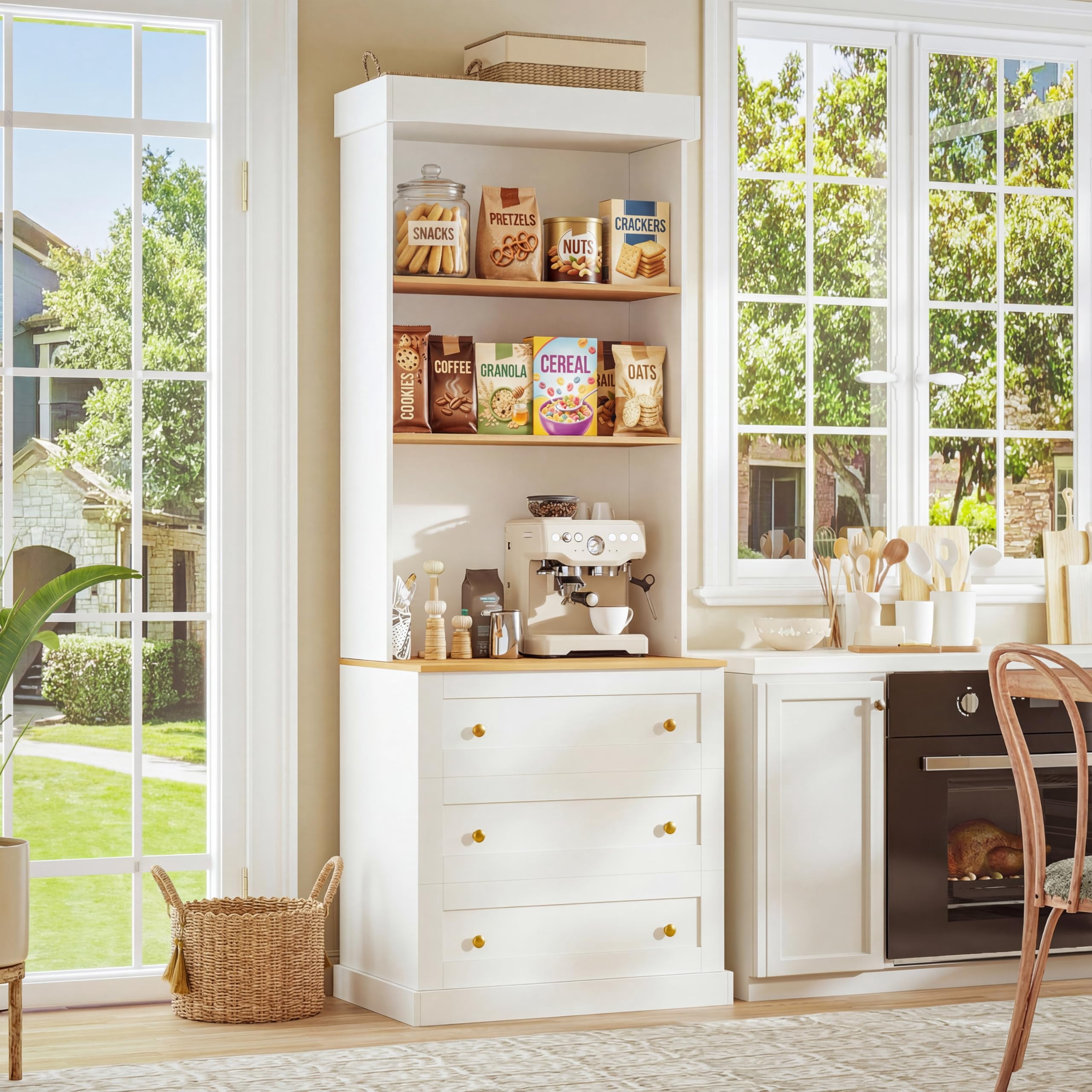 Sunix Farmhouse Kitchen Pantry Cabinet Freestanding Storage Hutch with Glass Doors, Drawers, Microwave Stand, 71 Inch, Set of 2