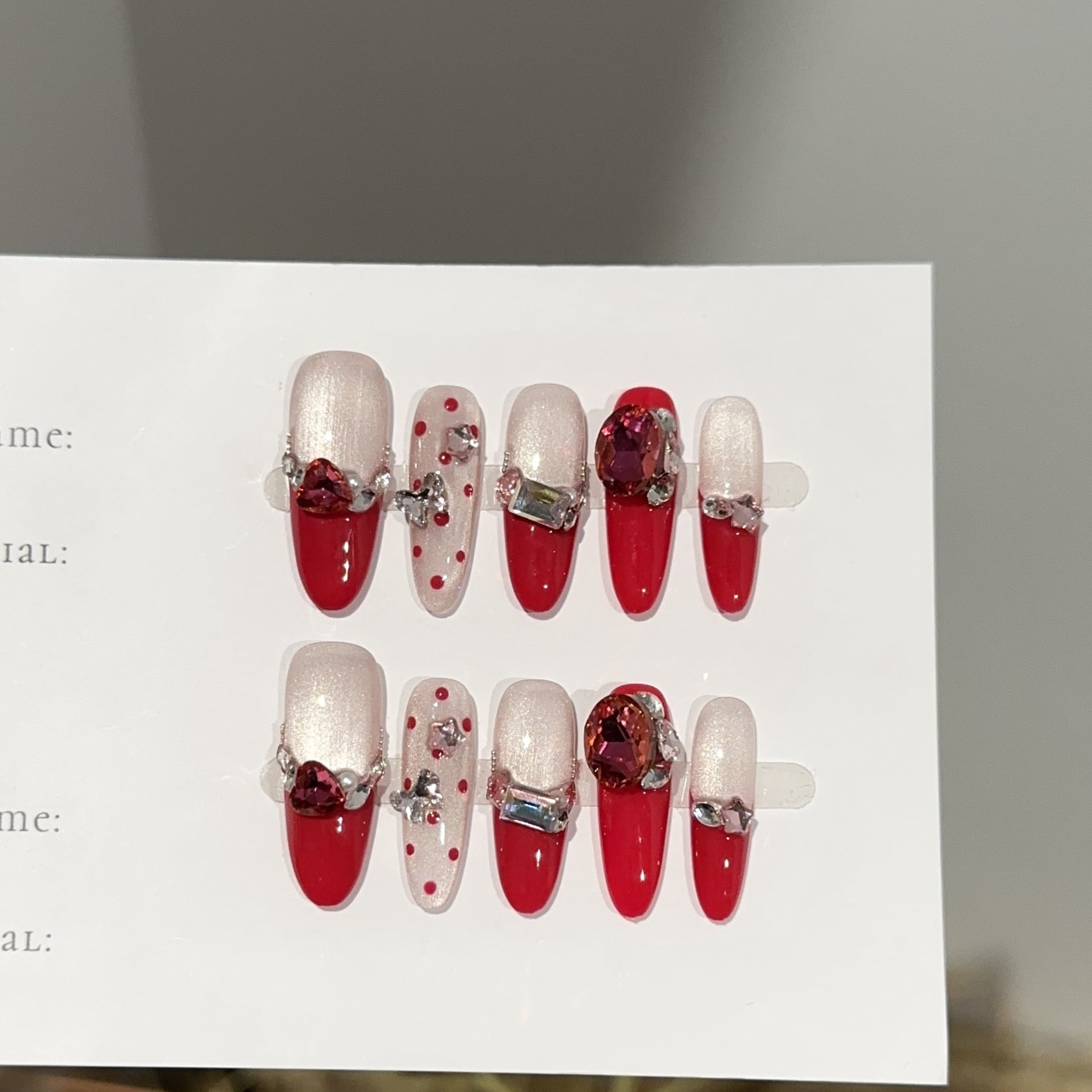 Purely handmade nail-wearing high-end autumn and winter rose-red long nail art pieces, European and American piles of diamonds and flash fake nail patches