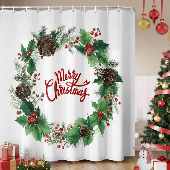 Merry Christmas Shower Curtain, Winter Xmas Holly Berries Plant Waterproof Fabric Shower Curtains with 12 Hooks, Bathroom Curtain Set for Bathroom Accessories Decor, 72 x 72 Inches