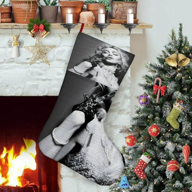 Madonna Tema: Calcetines de Navidad, fino lino blanco para colgar en escaleras y chimenea, decoración navideña para el hogar, regalo de Navidad. 54cm × 38cm