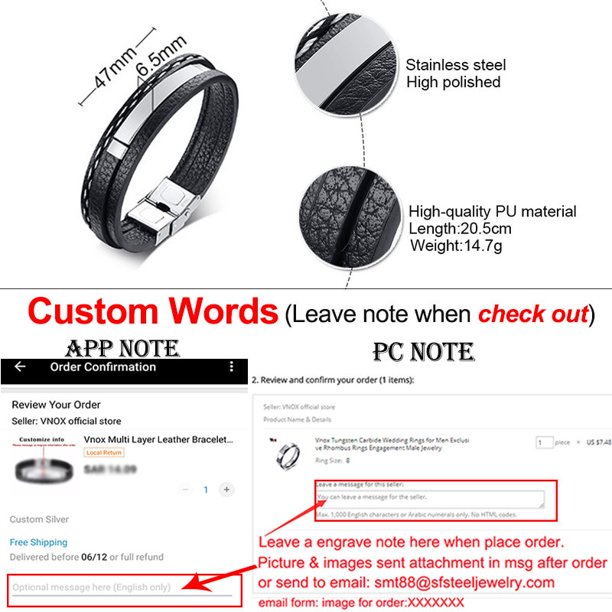 Pulseras de cuero multicapa Vnox para hombres y mujeres, brazalete personalizado informal de acero inoxidable con grabado personalizable Tan Jianjun unisex