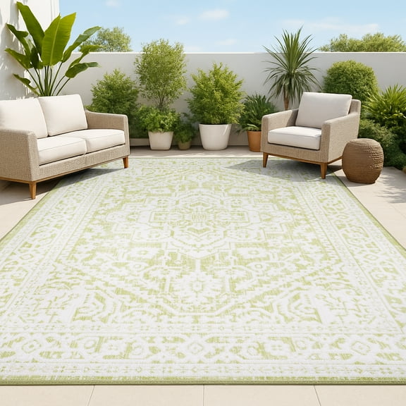 JONATHAN Y SANTA MONICA 4 x 6 Area Rug, Sinjuri Medallion Textured Weave - Green/Cream, SMB101E-4