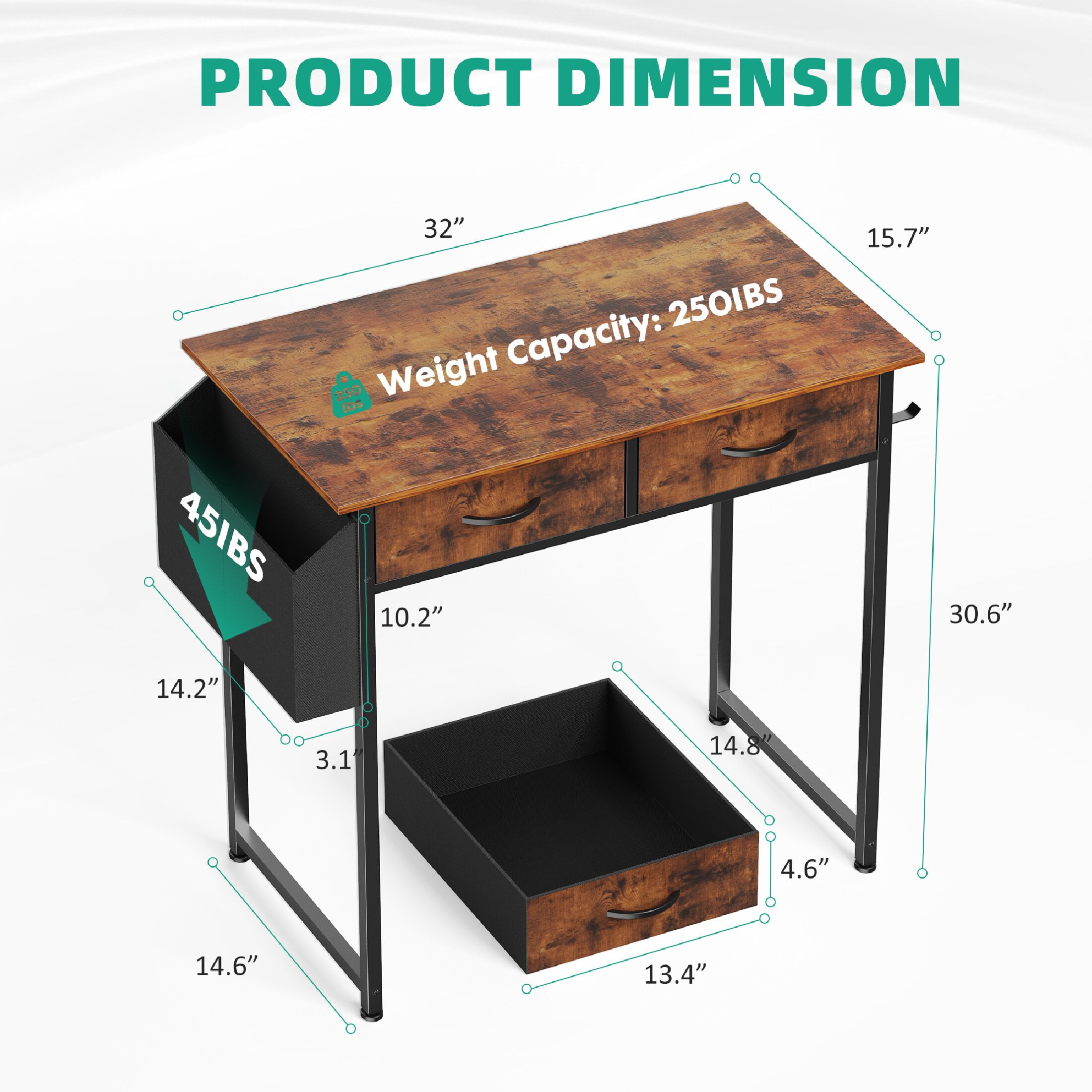 CONCETTA 32 Inch Computer Desk, With Drawers Storage Bag for Adult, For Home Office Bedroom, Rustic