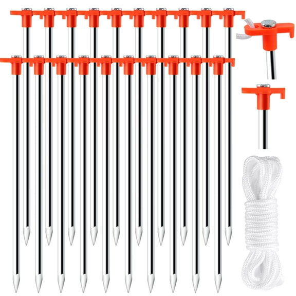 Tent Stakes,20 Pack Non-Rust Camping Family Tent Pop Up Tent Stakes,Heavy Duty Metal Tent Pegs,Steel Ground Stakes,Camping Stakes Canopy Stakes for Outdoor Camping Canopy and Tarp,with 8x10FT Ropes