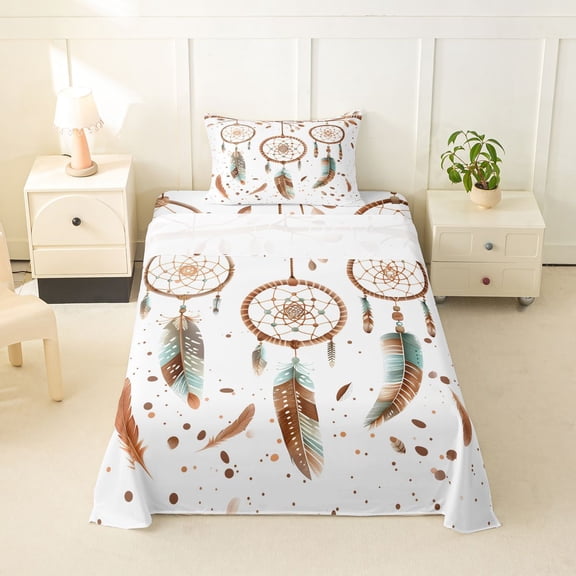 Homewish Dreamy Boho Dreamcatcher Twin Sheets,Watercolor Feathers Bedding,3-Piece,1 Fitted Sheet and 1 Pillowcase