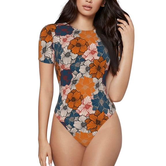 Rateoe Whimsical peony blossom Printed Women Rash Guard Short Sleeve,Tummy control Swimsuit Surfing Swimsuit Bathing Suit Short-sleeved Onesie UPF 50 -