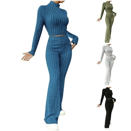 Wlynlyn 2 Piece Sweaters Sets for Women High Neck Long Sleeve Slim Fitted Crop Top High Waisted Flare Pants Ribbed Knit Loungewear