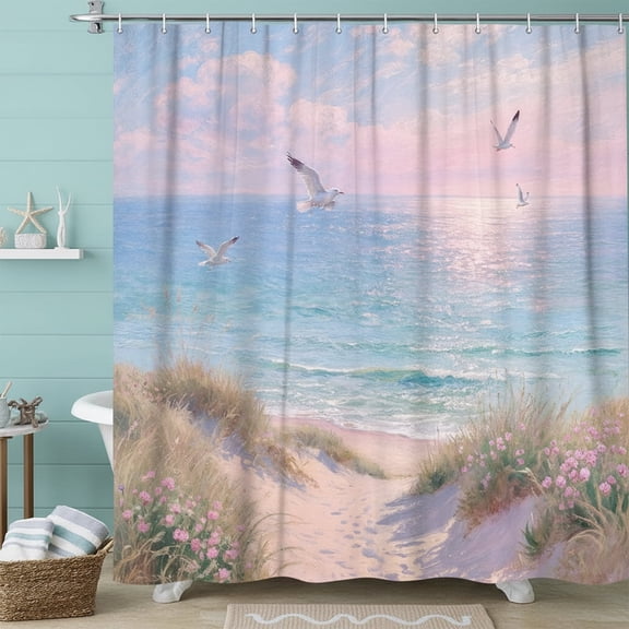 Beach Shower Curtain, Oil Painting Ocean Sky Summer Hawaiian Coastal Seagull Beachy Modern Nature Landscape Scenery Seaside Fabric Polyester Waterproof Bath Shower Curtains Decor with Hook