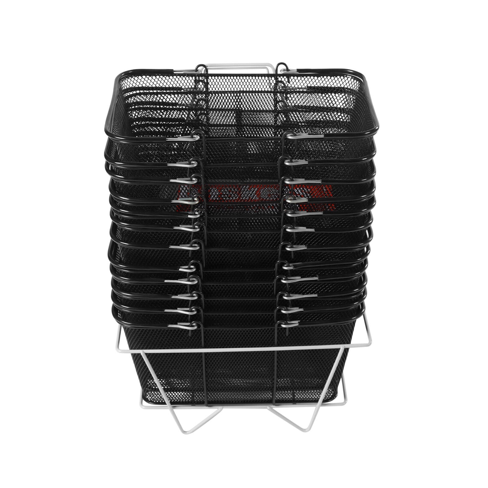 Miumaeov Set of 12 Portable Metal Wire Mesh Shopping Baskets with Handles+1 Basket Stand for Supermarket Retail Store, Black
