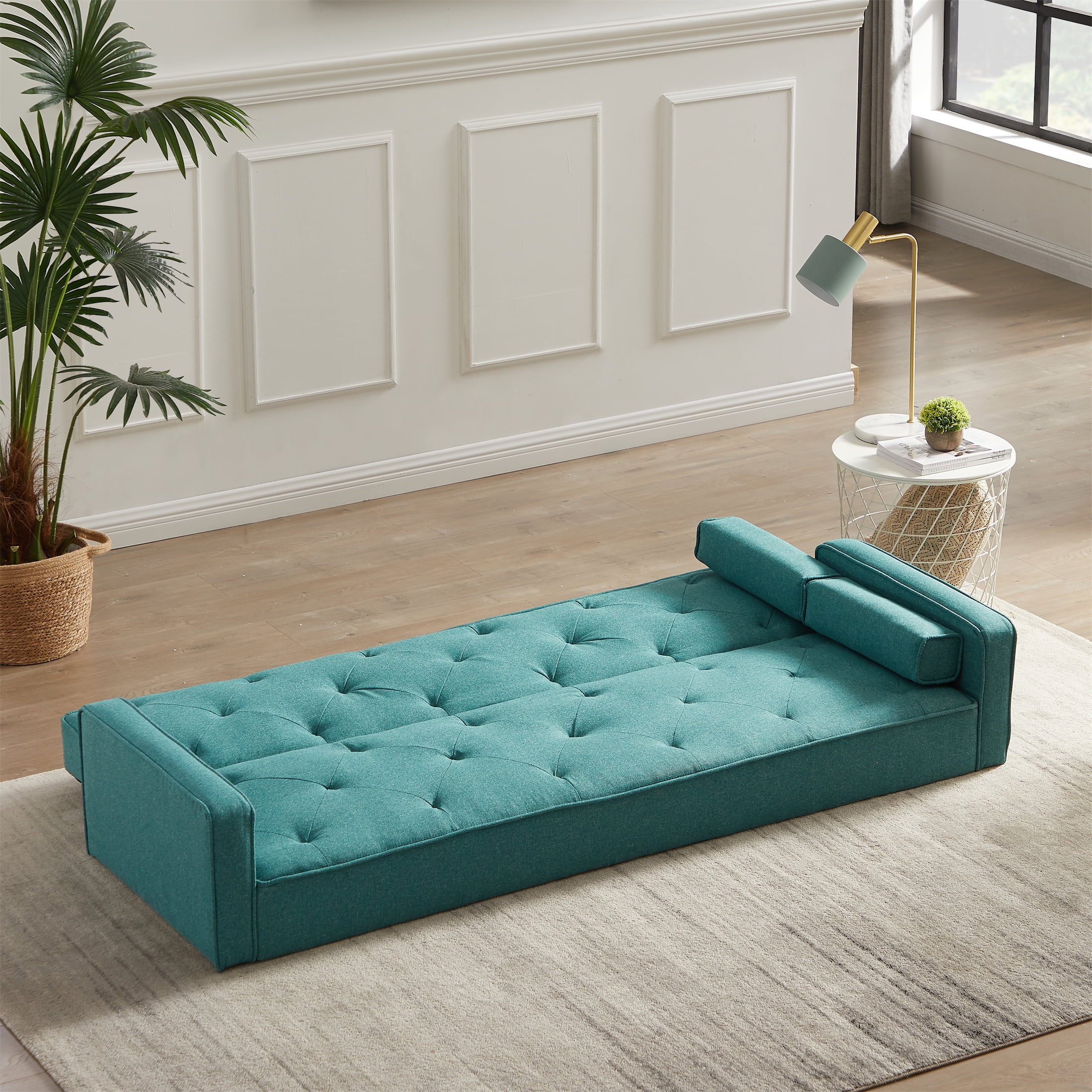 Aukfa 75" Square Arm Futon Convertible Sofa, Solid Wood Legs, Tufted Back, 2 Pillows, Blue