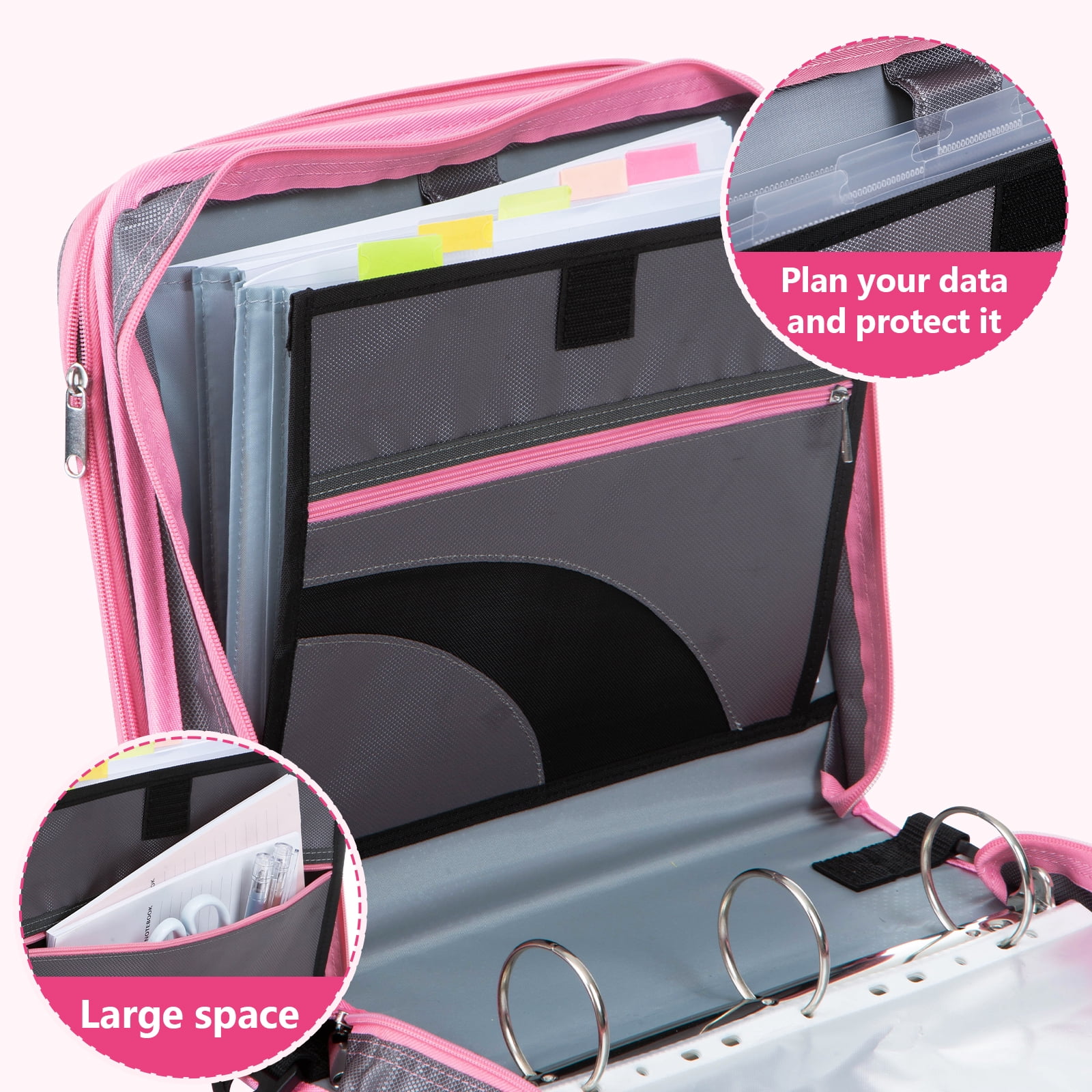 ViVin Zipper Binder 2 Inch O-Ring 450 Sheet Capacity, Multiple Tap and Zip Pockets, Office Supplies, Pink
