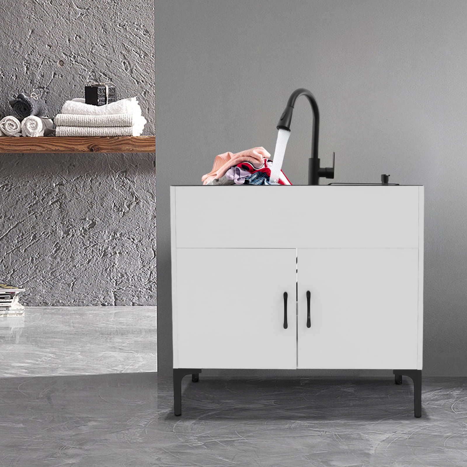 Laundry Sink with Cabinet, Sink with Pull-Out Faucet and Cabinet, Freestanding Kitchen Sink