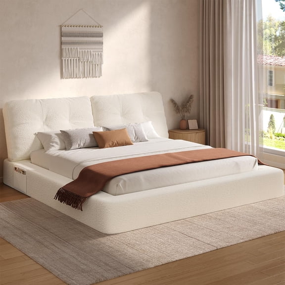 Toogaho California King Upholstered Bed with 5.9" to 7.9" Adjustable Headboard & All Sponge Bed Base,Soft Flannel,Metal Platform Bed Frame,No Box Spring Needed,Beige