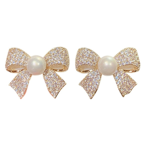 MKLEKYYGold Earrings Pearl Bow Rhinestone Earrings Thin Dangle Gold Earrings Pearl Rhinestone Earrings Wedding Women Accessories Jewelry Bow Earrings for Women