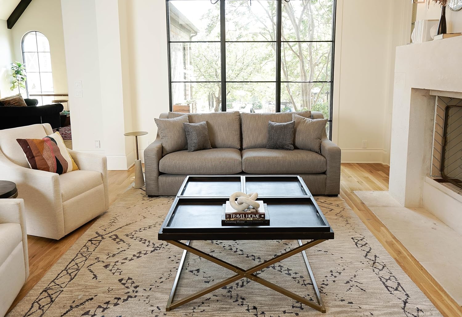 Posh Pollen - Antique Black Wood Rectangle Coffee Table with 3 Serving Trays and Sturdy Gold Metal Frame
