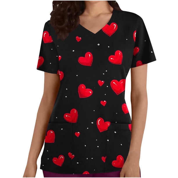 TaTaai Romantic Heart Print Women Scrub Blouse Premium Cotton Regular Fit Short Sleeve V Neck Functional Pocket Non See Through Nurse Work Daily Wear Gift